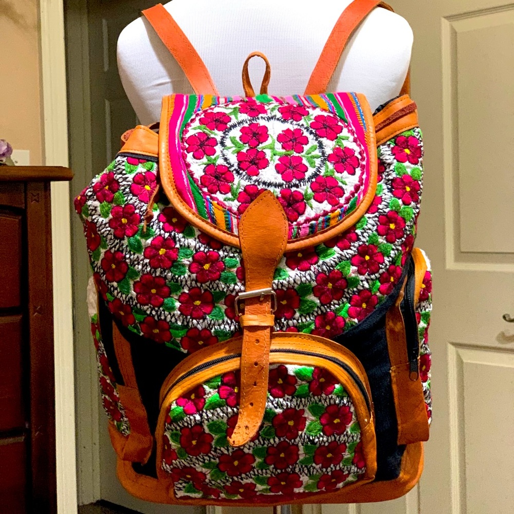 Beautiful embroidered flowered large backpack